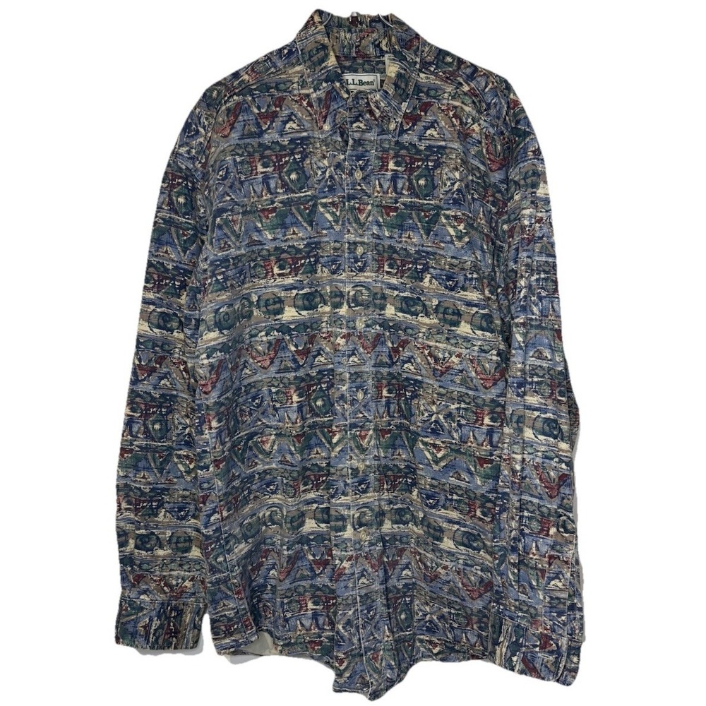 LL Bean Men's Shirt Vintage Bohemian Aztec Long Sleeve Button-Down Cotton Medium